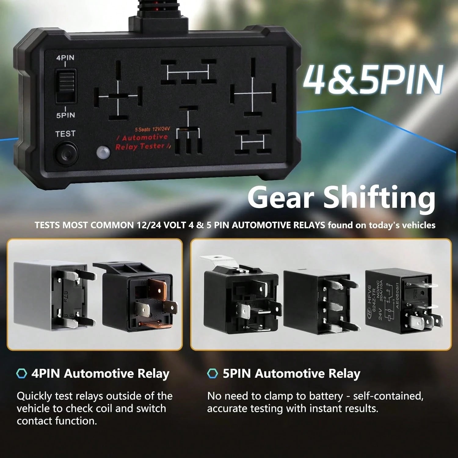 Automotive Relay Tester- 4 & 5 Pin 12V/24V Auto Diagnostic Tool, Small Handheld DIY Car Tester With Battery Clips, Relay Testing Kit, Electrical Systems Tool