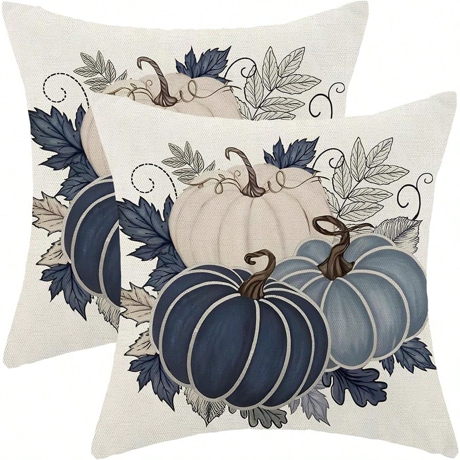 Autumn Pillow Covers 45 X 45cm 2pcs Set Blue Pumpkin Leaf Throw Pillow Covers Harvest Thanksgiving Autumn Pillow Covers Outdoor Living Room Bedroom Linen Square Cushion
