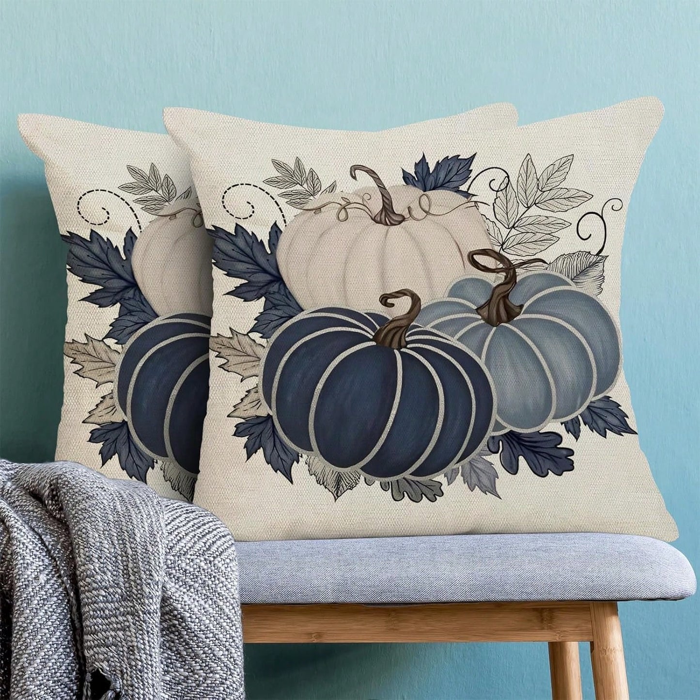 Autumn Pillow Covers 45 X 45cm 2pcs Set Blue Pumpkin Leaf Throw Pillow Covers Harvest Thanksgiving Autumn Pillow Covers Outdoor Living Room Bedroom Linen Square Cushion
