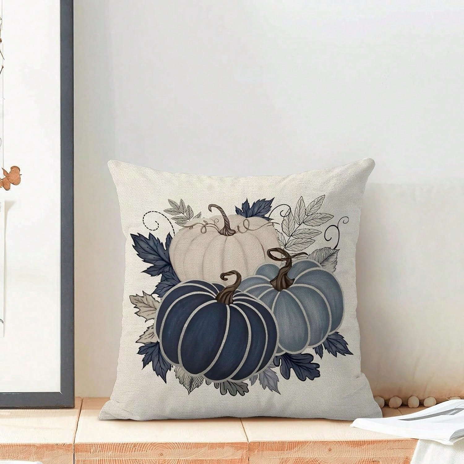 Autumn Pillow Covers 45 X 45cm 2pcs Set Blue Pumpkin Leaf Throw Pillow Covers Harvest Thanksgiving Autumn Pillow Covers Outdoor Living Room Bedroom Linen Square Cushion