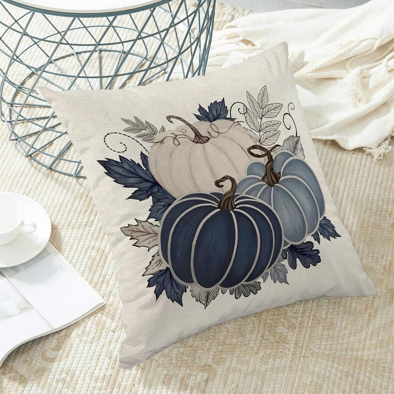 Autumn Pillow Covers 45 X 45cm 2pcs Set Blue Pumpkin Leaf Throw Pillow Covers Harvest Thanksgiving Autumn Pillow Covers Outdoor Living Room Bedroom Linen Square Cushion
