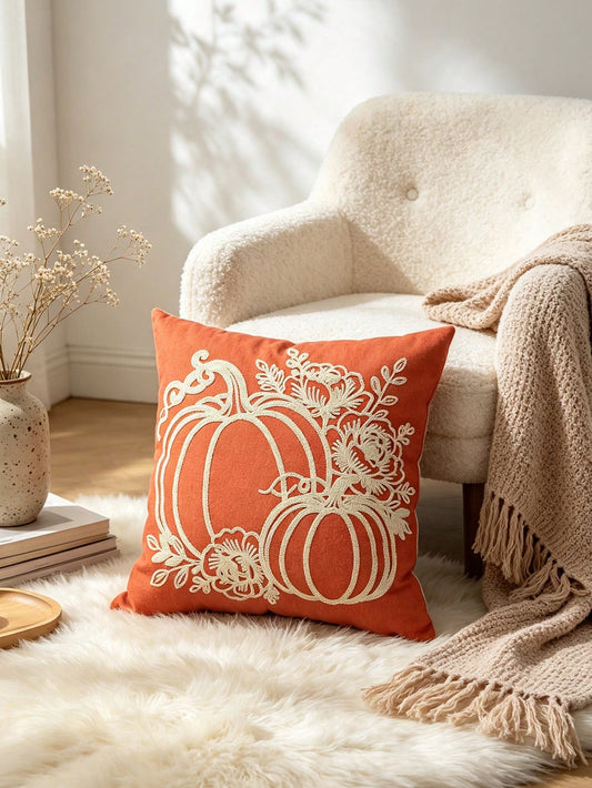 Autumn Pumpkin Embroidered Pillow Case 18*18 Inches, Farmhouse Style Autumn Cushion Cover, Orange Pumpkin Floral Decorative Pillow Case, Suitable For Sofa, Living Room, Bedroom, Thanksgiving And Hallo