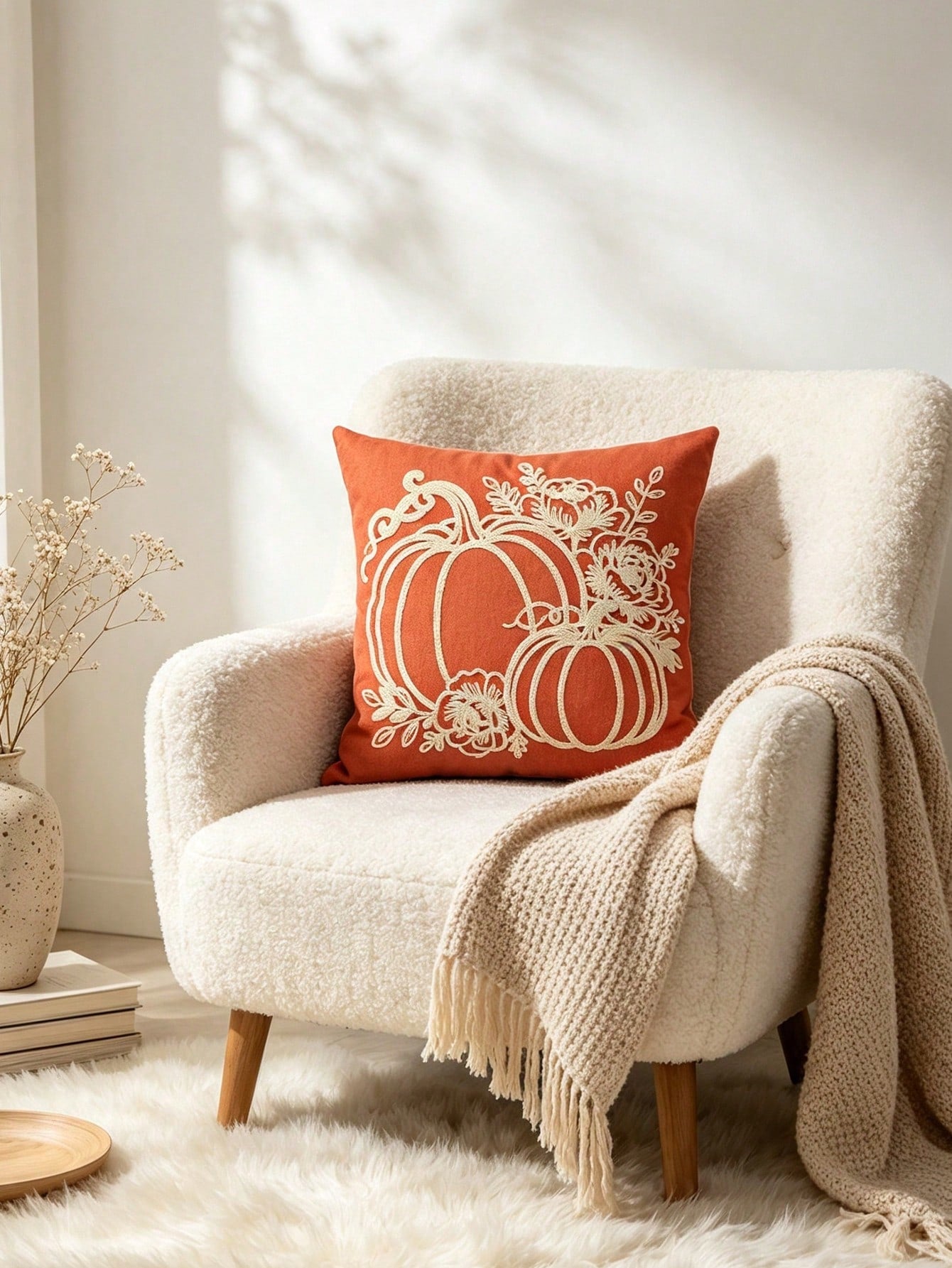 Autumn Pumpkin Embroidered Pillow Case 18*18 Inches, Farmhouse Style Autumn Cushion Cover, Orange Pumpkin Floral Decorative Pillow Case, Suitable For Sofa, Living Room, Bedroom, Thanksgiving And Hallo
