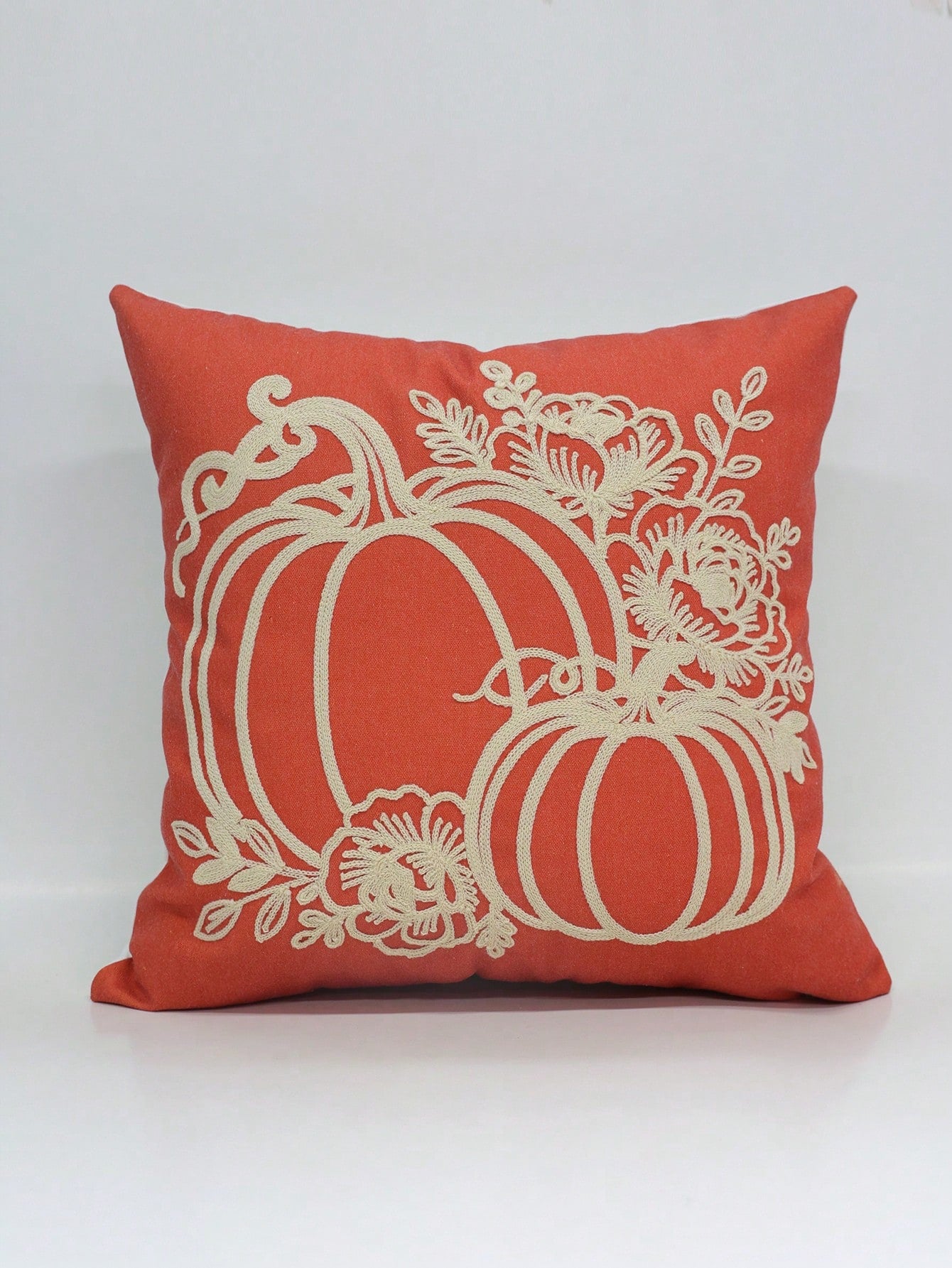 Autumn Pumpkin Embroidered Pillow Case 18*18 Inches, Farmhouse Style Autumn Cushion Cover, Orange Pumpkin Floral Decorative Pillow Case, Suitable For Sofa, Living Room, Bedroom, Thanksgiving And Hallo
