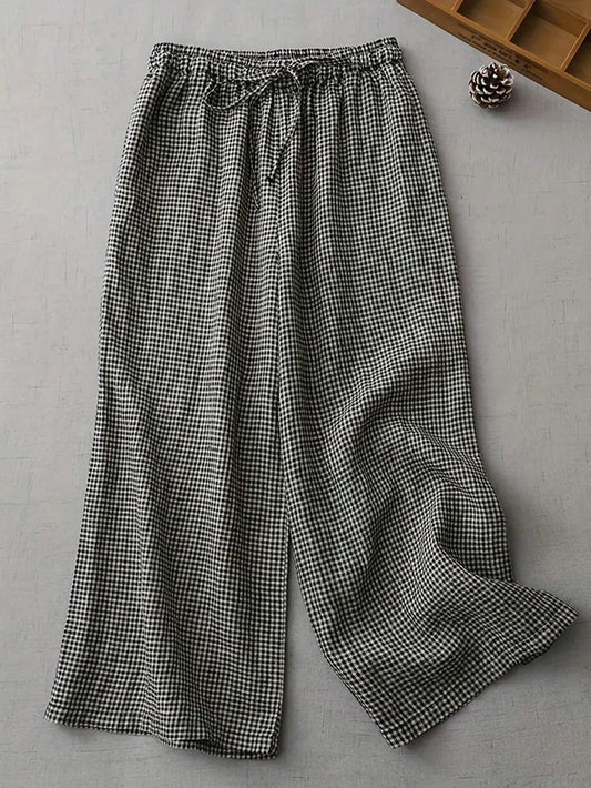 Autumn/Winter Black & White Plaid Drawstring Pocket Wide Leg Pants, Casual Daily & Holiday Comfortable & Fashionable Spring