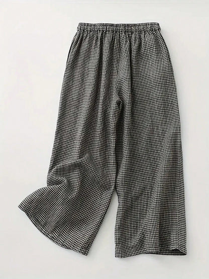 Autumn/Winter Black & White Plaid Drawstring Pocket Wide Leg Pants, Casual Daily & Holiday Comfortable & Fashionable Spring
