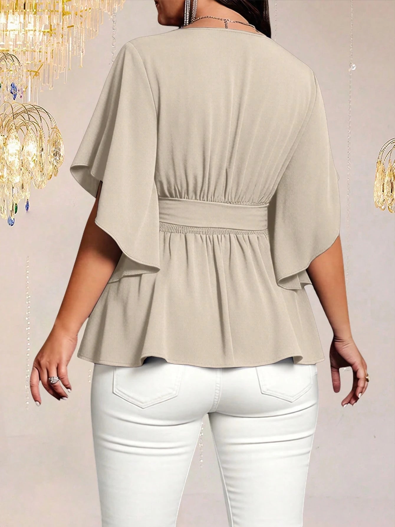 Auvina Plus Size Women's Solid Color Fitted V-Neck Flare Sleeve Tie Waist Ruffle Hem Elegant Casual Party Blouse