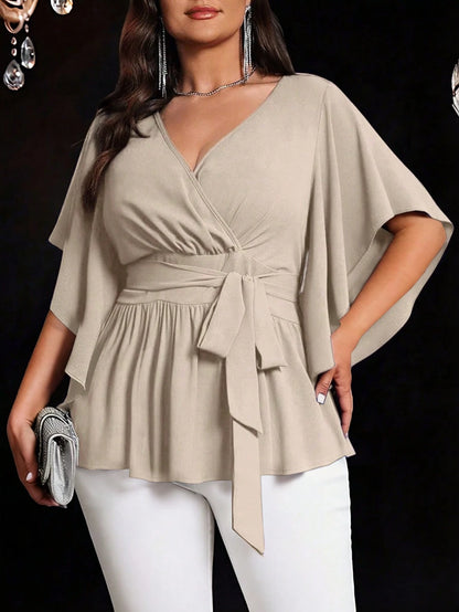 Auvina Plus Size Women's Solid Color Fitted V-Neck Flare Sleeve Tie Waist Ruffle Hem Elegant Casual Party Blouse