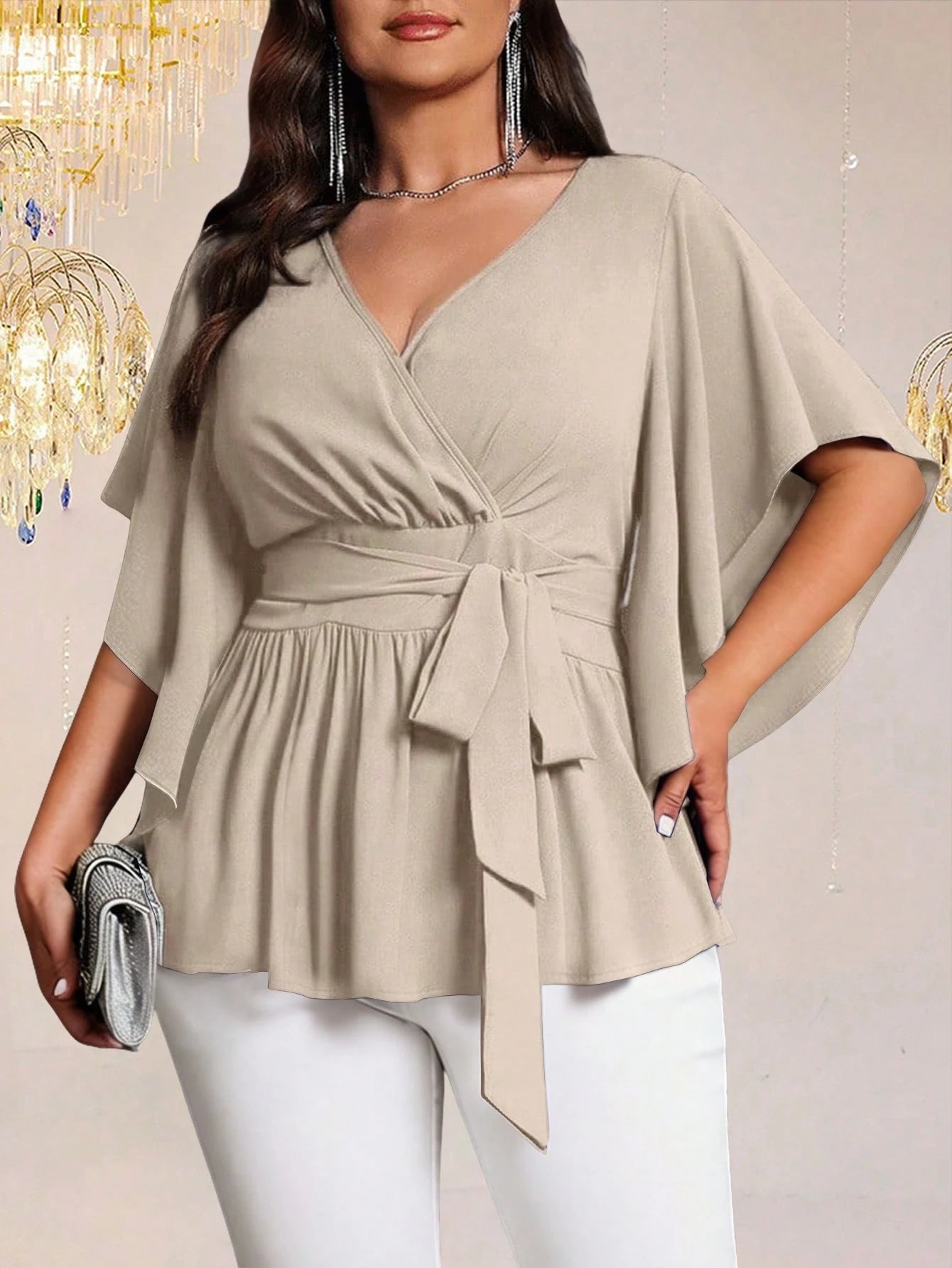 Auvina Plus Size Women's Solid Color Fitted V-Neck Flare Sleeve Tie Waist Ruffle Hem Elegant Casual Party Blouse