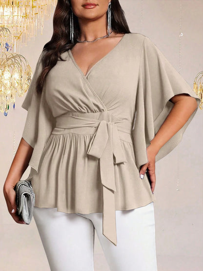 Auvina Plus Size Women's Solid Color Fitted V-Neck Flare Sleeve Tie Waist Ruffle Hem Elegant Casual Party Blouse