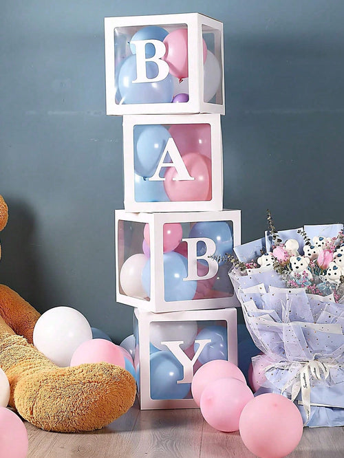 Baby Boxes With Letters For Baby Shower, Baby Shower Decorations For Boys Or Girls, Transparent Balloon Boxes Clear Blocks For Birthday Party, Bridal Shower, Gender Reveal(White)