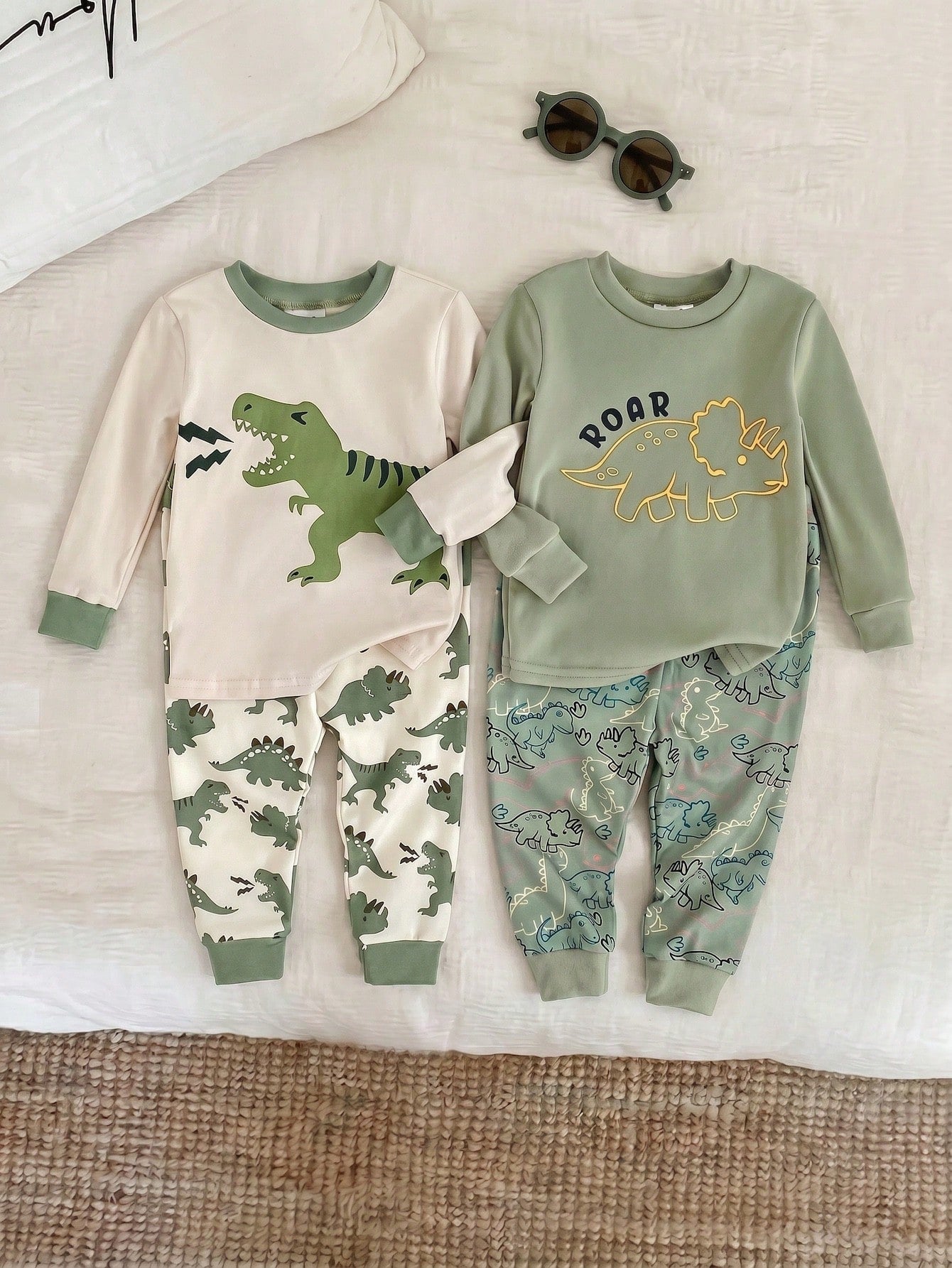 Baby Boy Baby Girl Toddler Boy Fall And Winter Clothes, Pajamas, 4pcs/Set Knitted Soft Cute Dinosaur Pattern Crew Neck Long Sleeve Top And Long Pants Tight Home Wear Set Two Pieces Pajamas, Suit