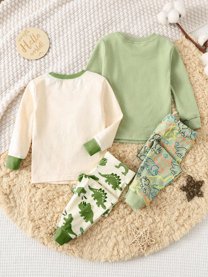 Baby Boy Baby Girl Toddler Boy Fall And Winter Clothes, Pajamas, 4pcs/Set Knitted Soft Cute Dinosaur Pattern Crew Neck Long Sleeve Top And Long Pants Tight Home Wear Set Two Pieces Pajamas, Suit
