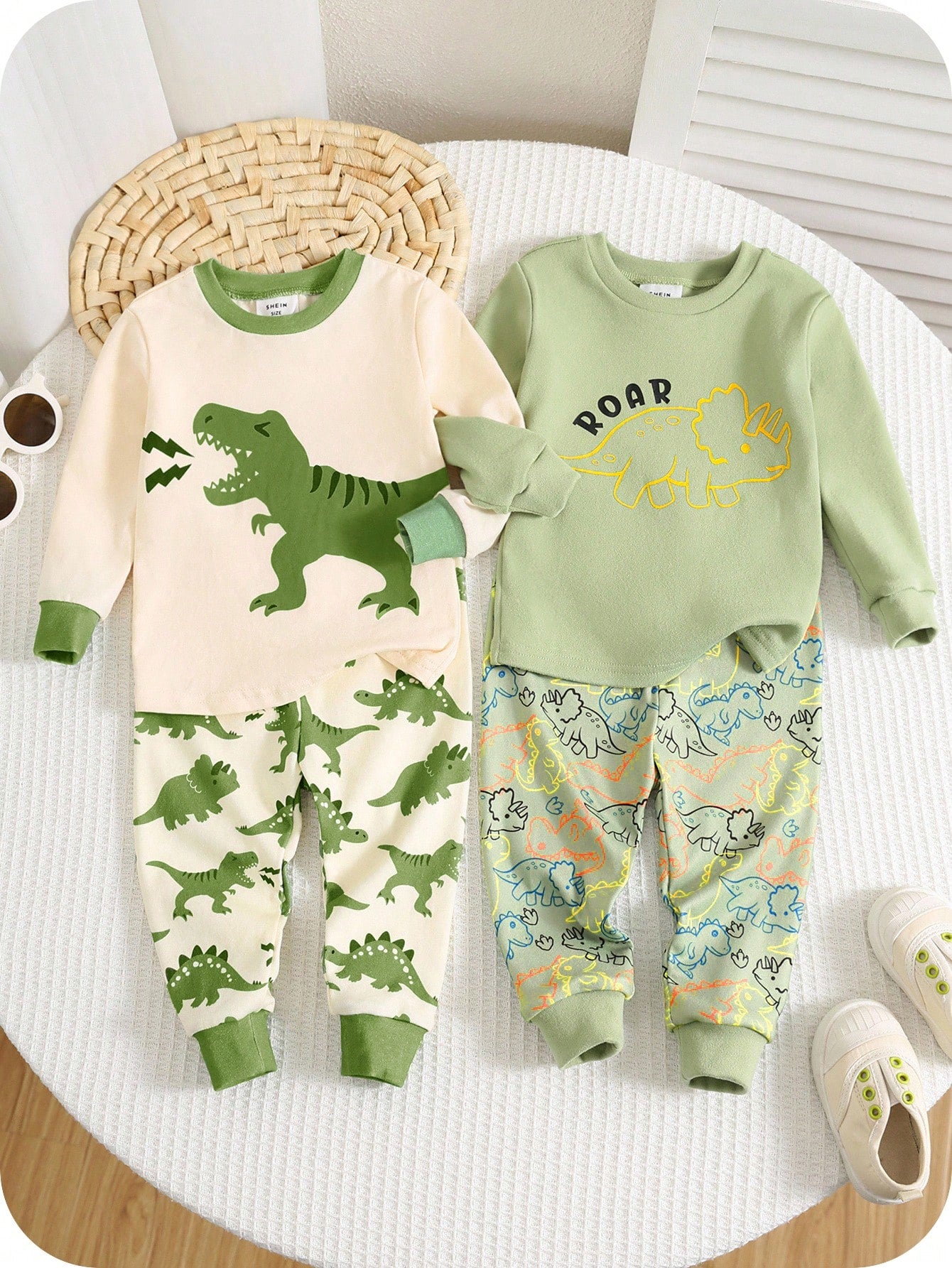 Baby Boy Baby Girl Toddler Boy Fall And Winter Clothes, Pajamas, 4pcs/Set Knitted Soft Cute Dinosaur Pattern Crew Neck Long Sleeve Top And Long Pants Tight Home Wear Set Two Pieces Pajamas, Suit