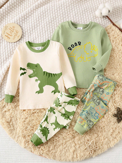 Baby Boy Baby Girl Toddler Boy Fall And Winter Clothes, Pajamas, 4pcs/Set Knitted Soft Cute Dinosaur Pattern Crew Neck Long Sleeve Top And Long Pants Tight Home Wear Set Two Pieces Pajamas, Suit