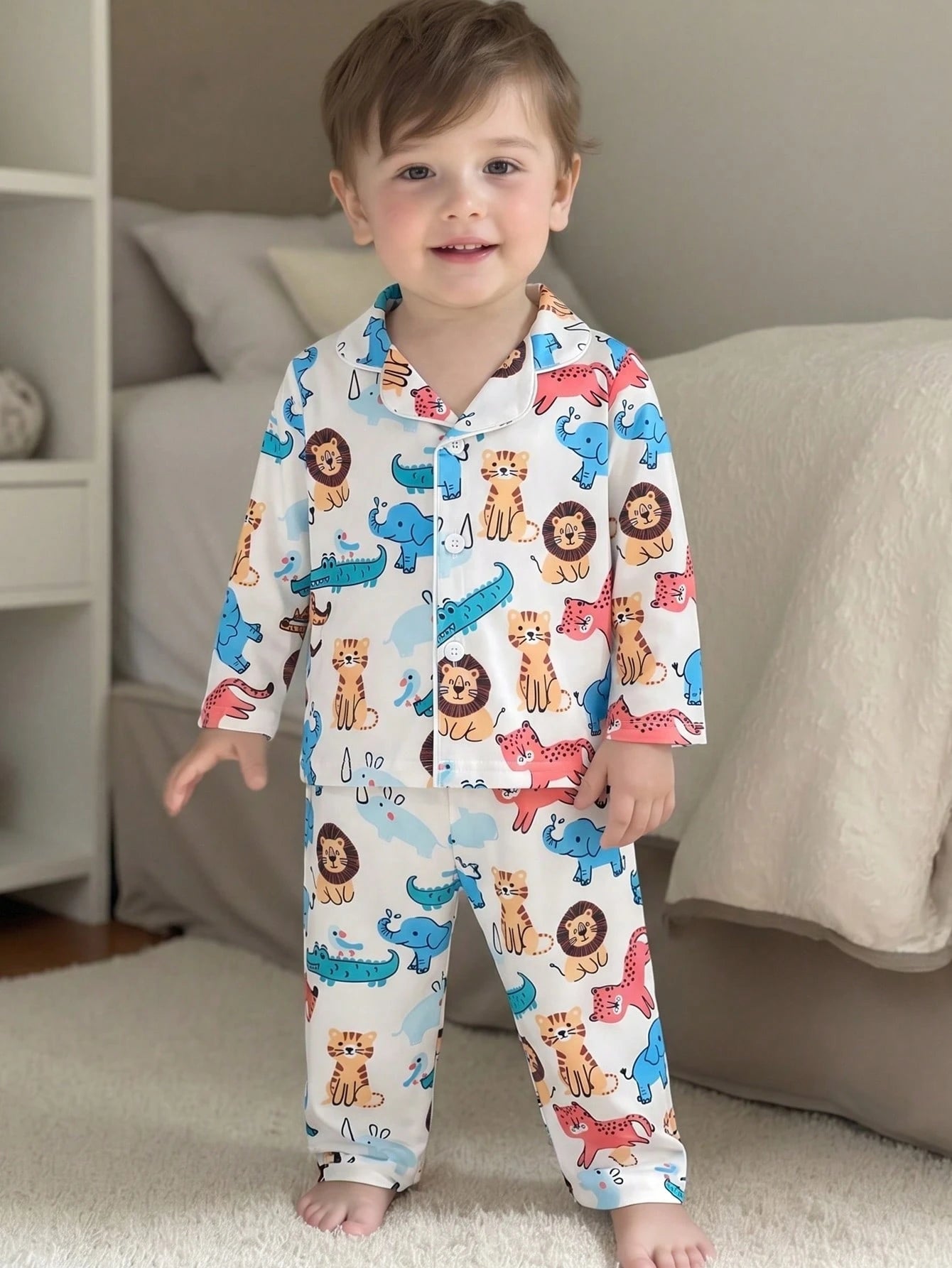 Baby Boy Cartoon Cute Animal Print Comfortable Long Sleeve Long Pants Cardigan Flame Retardant 2 Pieces Set Loungewear