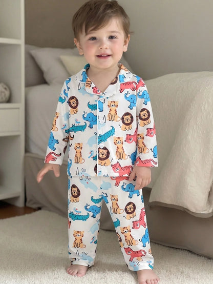 Baby Boy Cartoon Cute Animal Print Comfortable Long Sleeve Long Pants Cardigan Flame Retardant 2 Pieces Set Loungewear