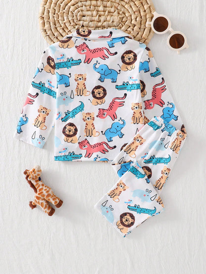 Baby Boy Cartoon Cute Animal Print Comfortable Long Sleeve Long Pants Cardigan Flame Retardant 2 Pieces Set Loungewear