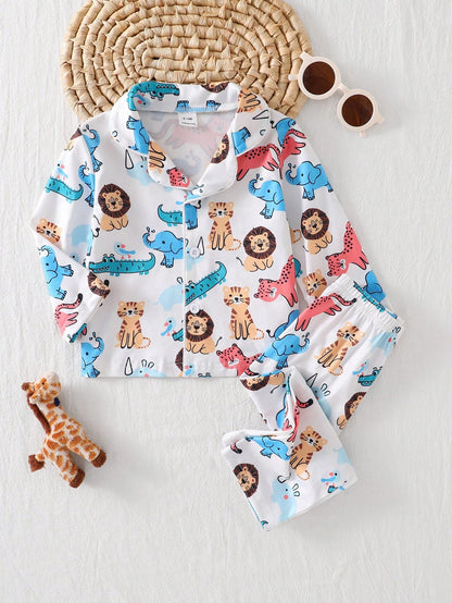 Baby Boy Cartoon Cute Animal Print Comfortable Long Sleeve Long Pants Cardigan Flame Retardant 2 Pieces Set Loungewear