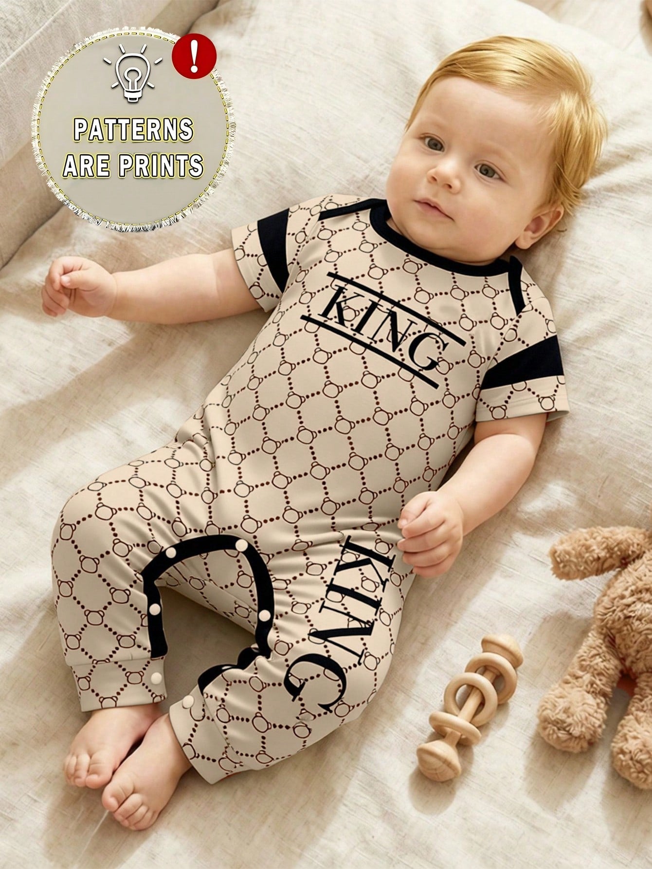 Baby Boy Casual Jumpsuit With All-Over Patterned Print And Text Graphic, Suitable For Daily Wear And Summer Outings
