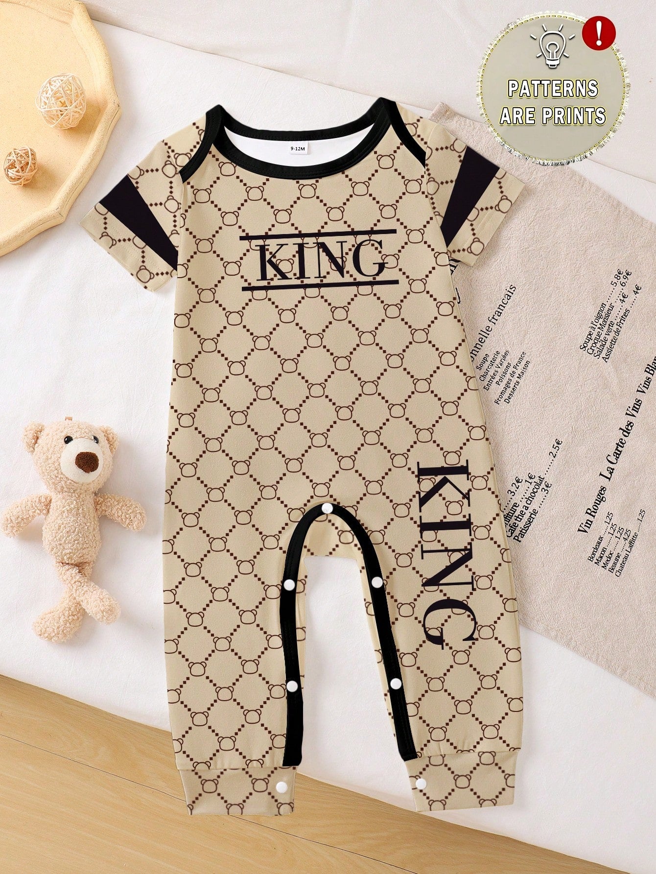 Baby Boy Casual Jumpsuit With All-Over Patterned Print And Text Graphic, Suitable For Daily Wear And Summer Outings