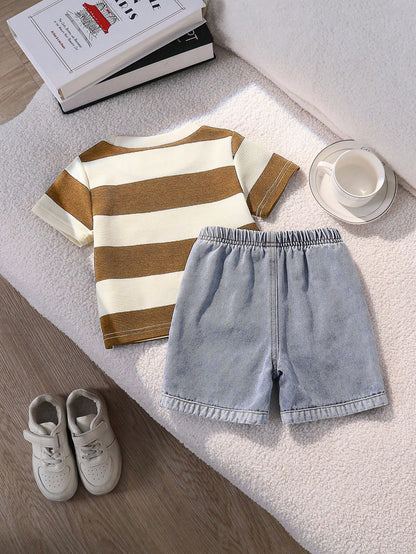 Baby Boy Casual Minimalist T-Shirt & Shorts Set, Suitable For Summer