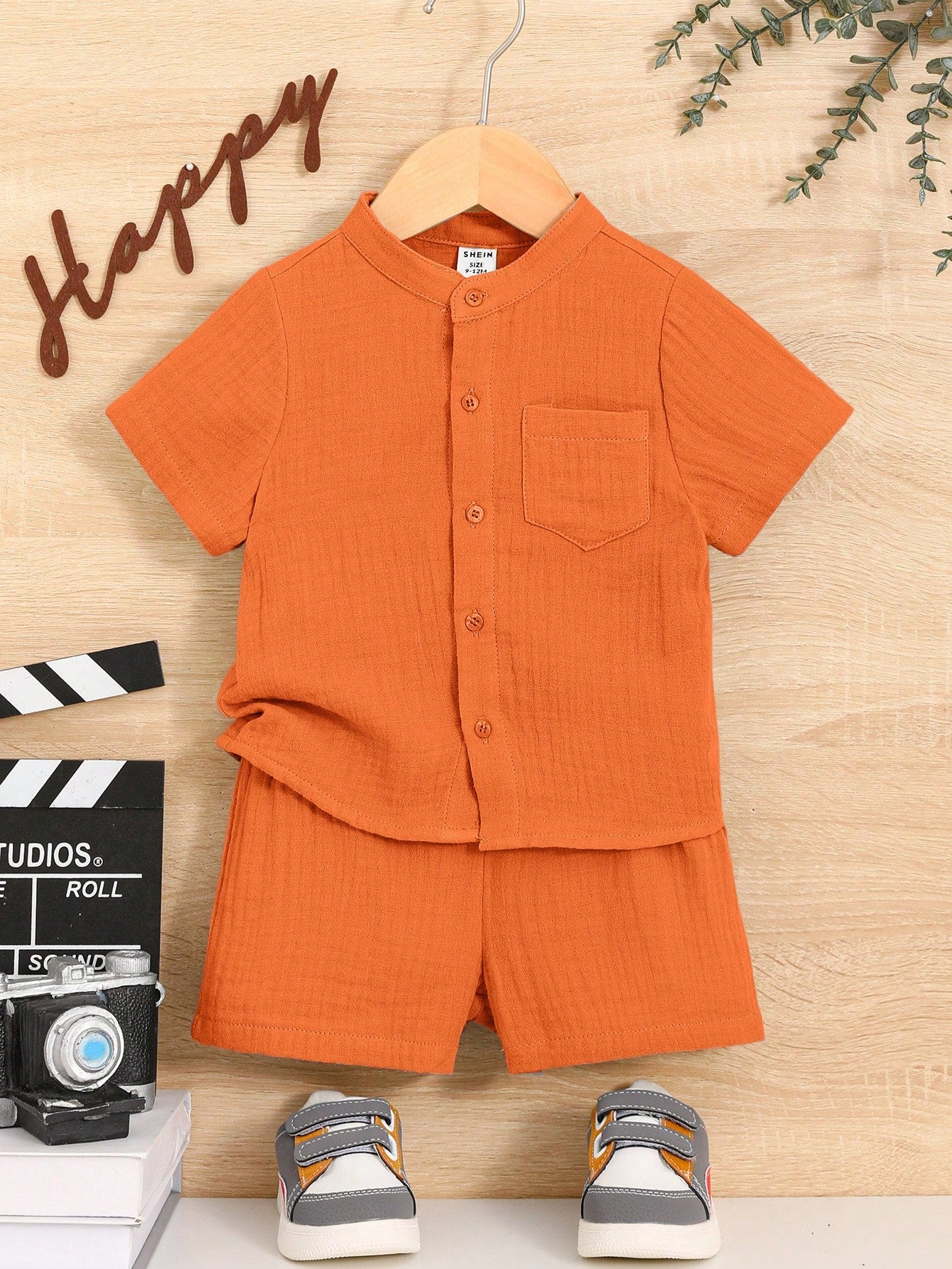Baby Boy Solid Color Short Sleeve Shirt And Shorts 2 Pieces Outfit, Fashionable For Summer