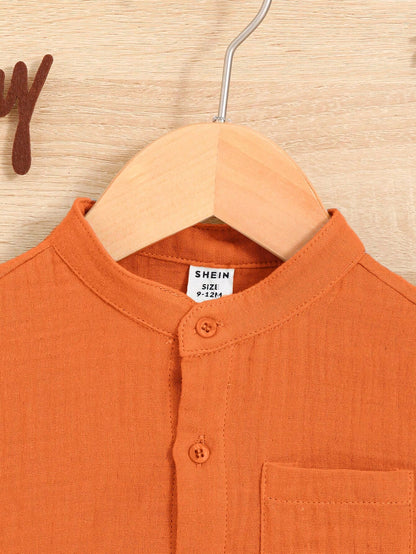 Baby Boy Solid Color Short Sleeve Shirt And Shorts 2 Pieces Outfit, Fashionable For Summer