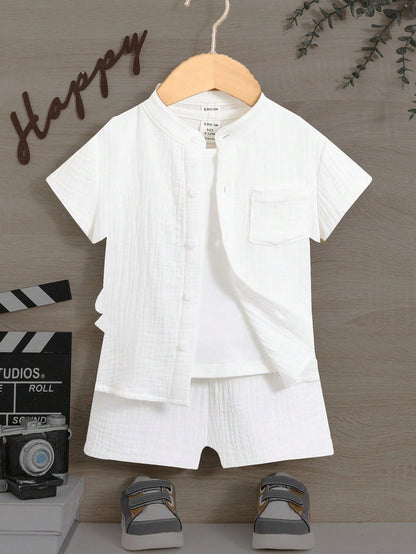 Baby Boy Solid Color Short Sleeve Shirt And Shorts 2 Pieces Outfit, Fashionable For Summer
