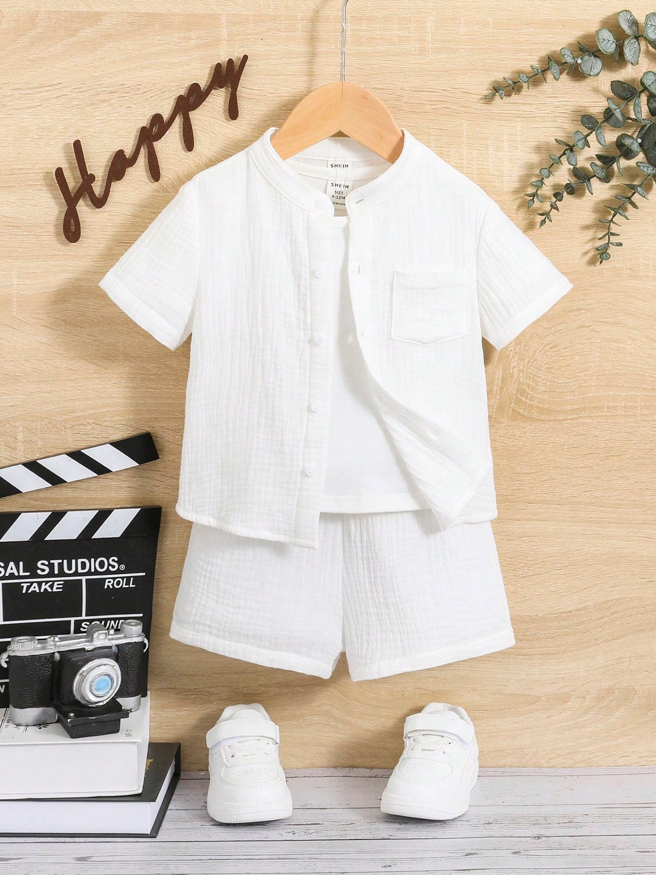 Baby Boy Solid Color Short Sleeve Shirt And Shorts 2 Pieces Outfit, Fashionable For Summer