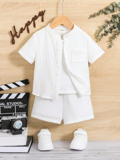 Baby Boy Solid Color Short Sleeve Shirt And Shorts 2 Pieces Outfit, Fashionable For Summer