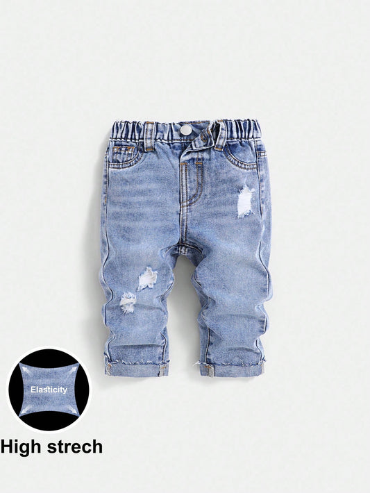 Baby Boy Spring/Summer Lightweight Comfortable Distressed Soft Denim Pants With Wash Effect