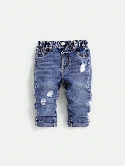 Baby Boy Spring/Summer Lightweight Comfortable Distressed Soft Denim Pants With Wash Effect