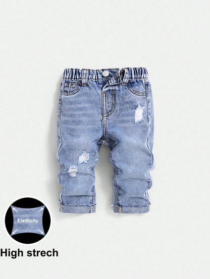 Baby Boy Spring/Summer Lightweight Comfortable Distressed Soft Denim Pants With Wash Effect