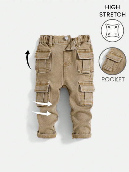 Baby Boy Street Cool Multiple Pockets High Stretch Khaki Denim Cargo Pants,Casual And Fashion Fall/Winter Clothes