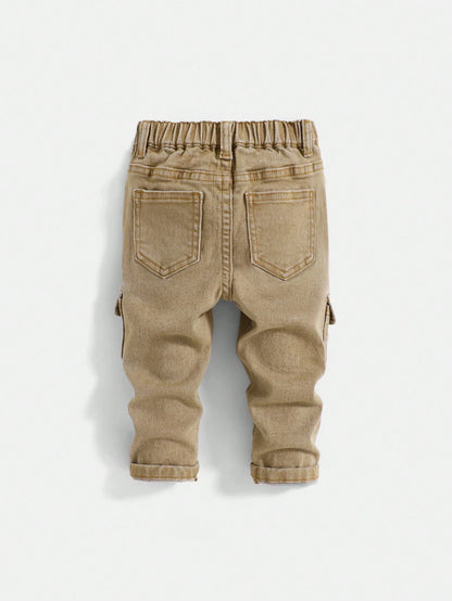 Baby Boy Street Cool Multiple Pockets High Stretch Khaki Denim Cargo Pants,Casual And Fashion Fall/Winter Clothes