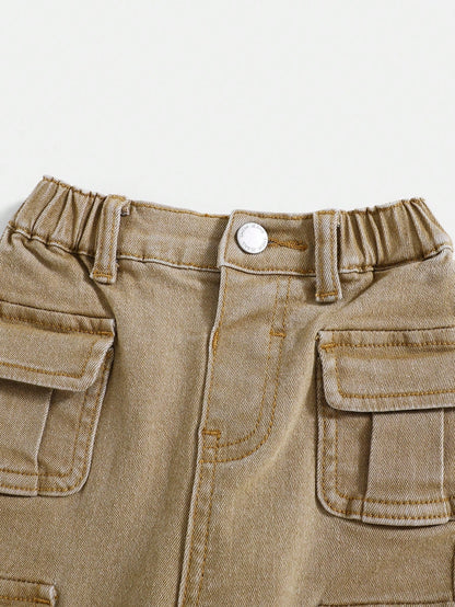 Baby Boy Street Cool Multiple Pockets High Stretch Khaki Denim Cargo Pants,Casual And Fashion Fall/Winter Clothes