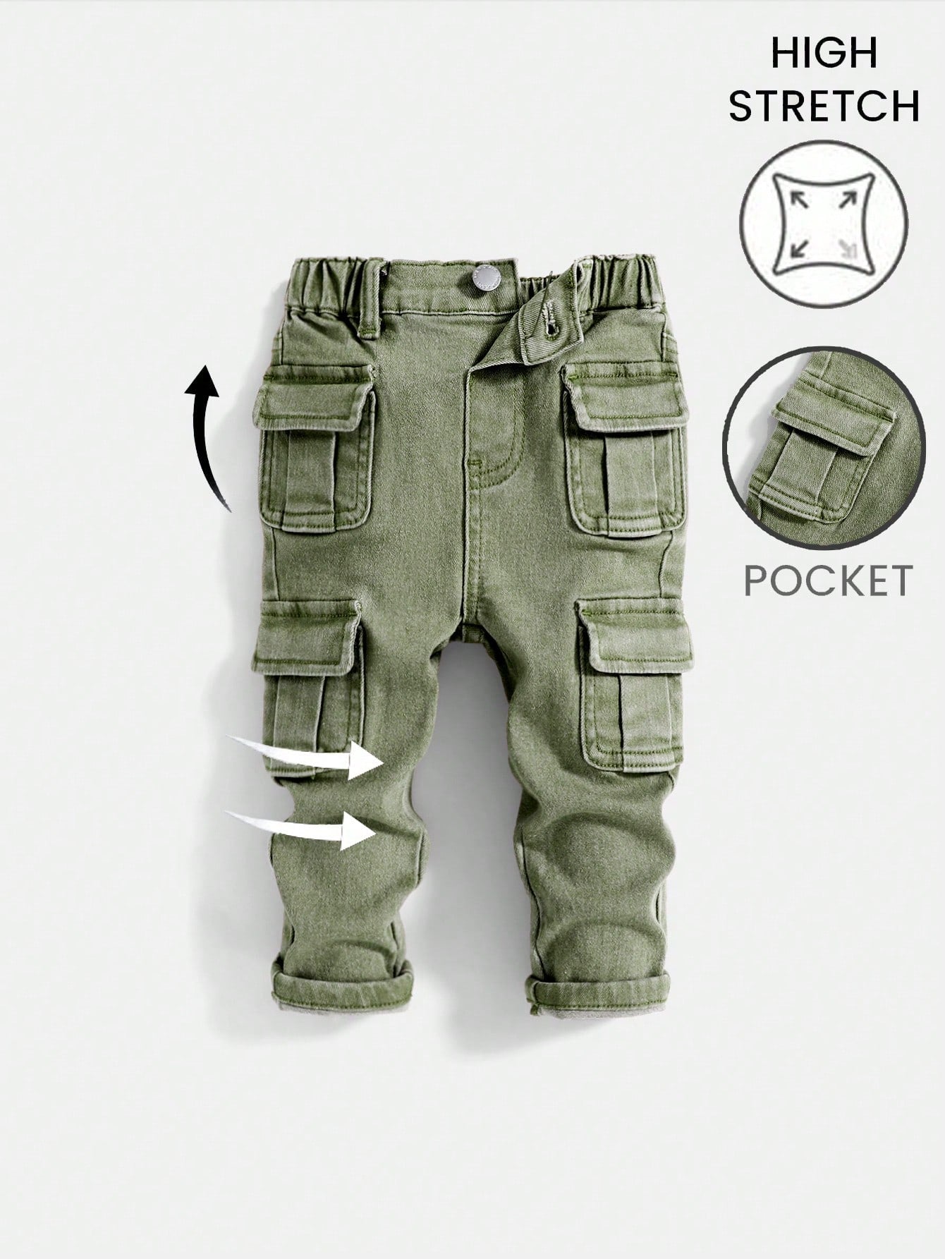 Baby Boy Street Cool Multiple Pockets High Stretch Khaki Denim Cargo Pants,Casual And Fashion Fall/Winter Clothes
