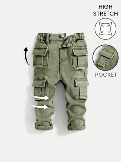 Baby Boy Street Cool Multiple Pockets High Stretch Khaki Denim Cargo Pants,Casual And Fashion Fall/Winter Clothes