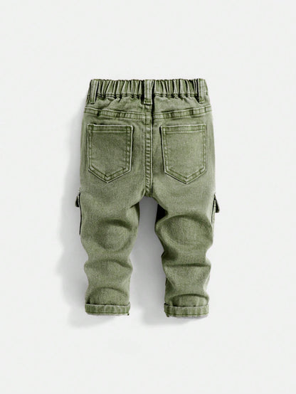 Baby Boy Street Cool Multiple Pockets High Stretch Khaki Denim Cargo Pants,Casual And Fashion Fall/Winter Clothes