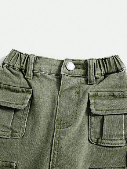 Baby Boy Street Cool Multiple Pockets High Stretch Khaki Denim Cargo Pants,Casual And Fashion Fall/Winter Clothes