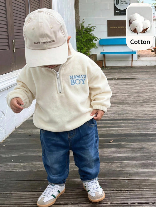 Baby Boy, Toddler Autumn/Winter Thermal Lined Thick Casual Cute Stand Collar Half-Zip Fleece Sweatshirt And Denim Pants Set, Baby Tracksuit, Baby Winter Clothes, Outfit Sets