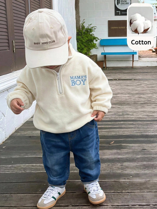 Baby Boy, Toddler Autumn/Winter Thermal Lined Thick Casual Cute Stand Collar Half-Zip Fleece Sweatshirt And Denim Pants Set, Baby Tracksuit, Baby Winter Clothes, Outfit Sets