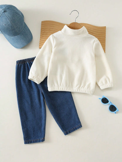 Baby Boy, Toddler Autumn/Winter Thermal Lined Thick Casual Cute Stand Collar Half-Zip Fleece Sweatshirt And Denim Pants Set, Baby Tracksuit, Baby Winter Clothes, Outfit Sets