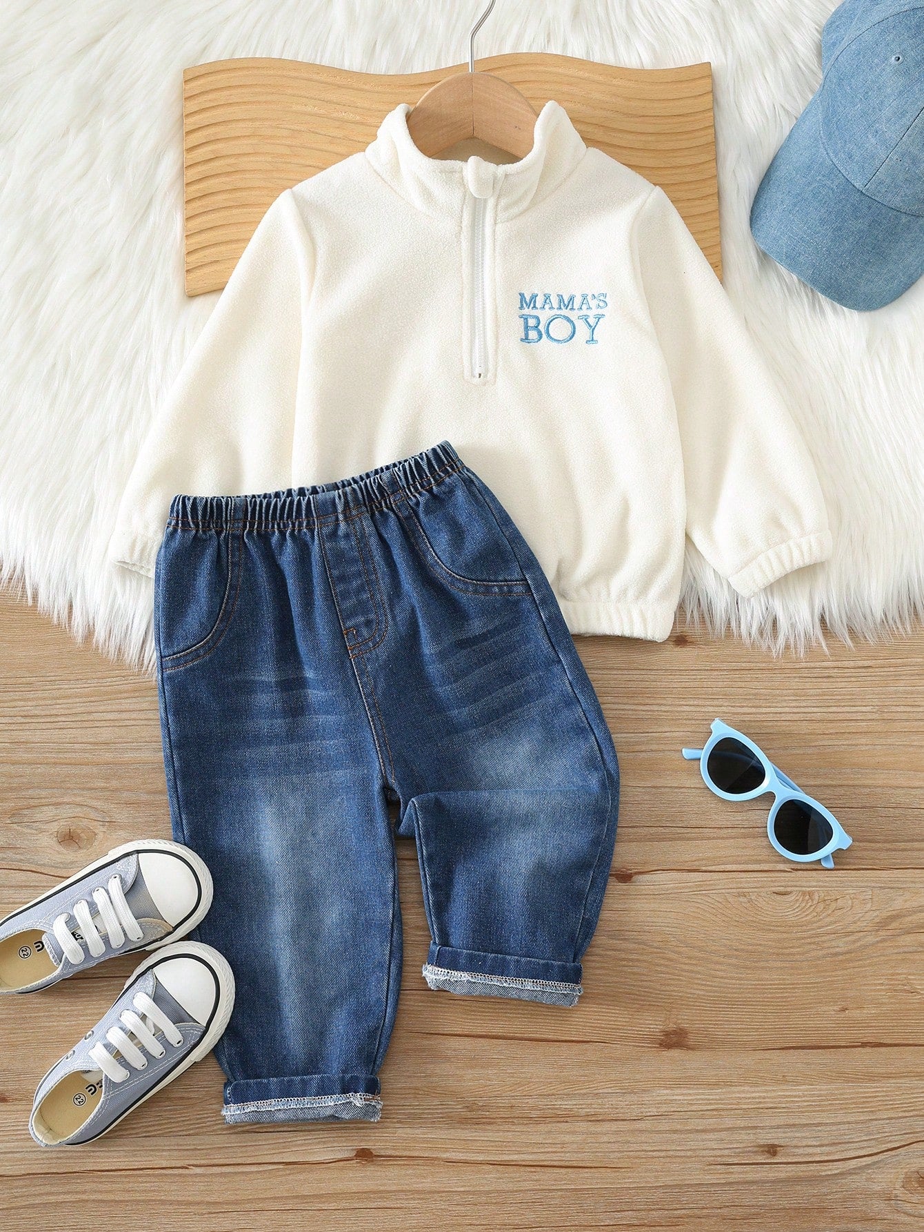 Baby Boy, Toddler Autumn/Winter Thermal Lined Thick Casual Cute Stand Collar Half-Zip Fleece Sweatshirt And Denim Pants Set, Baby Tracksuit, Baby Winter Clothes, Outfit Sets