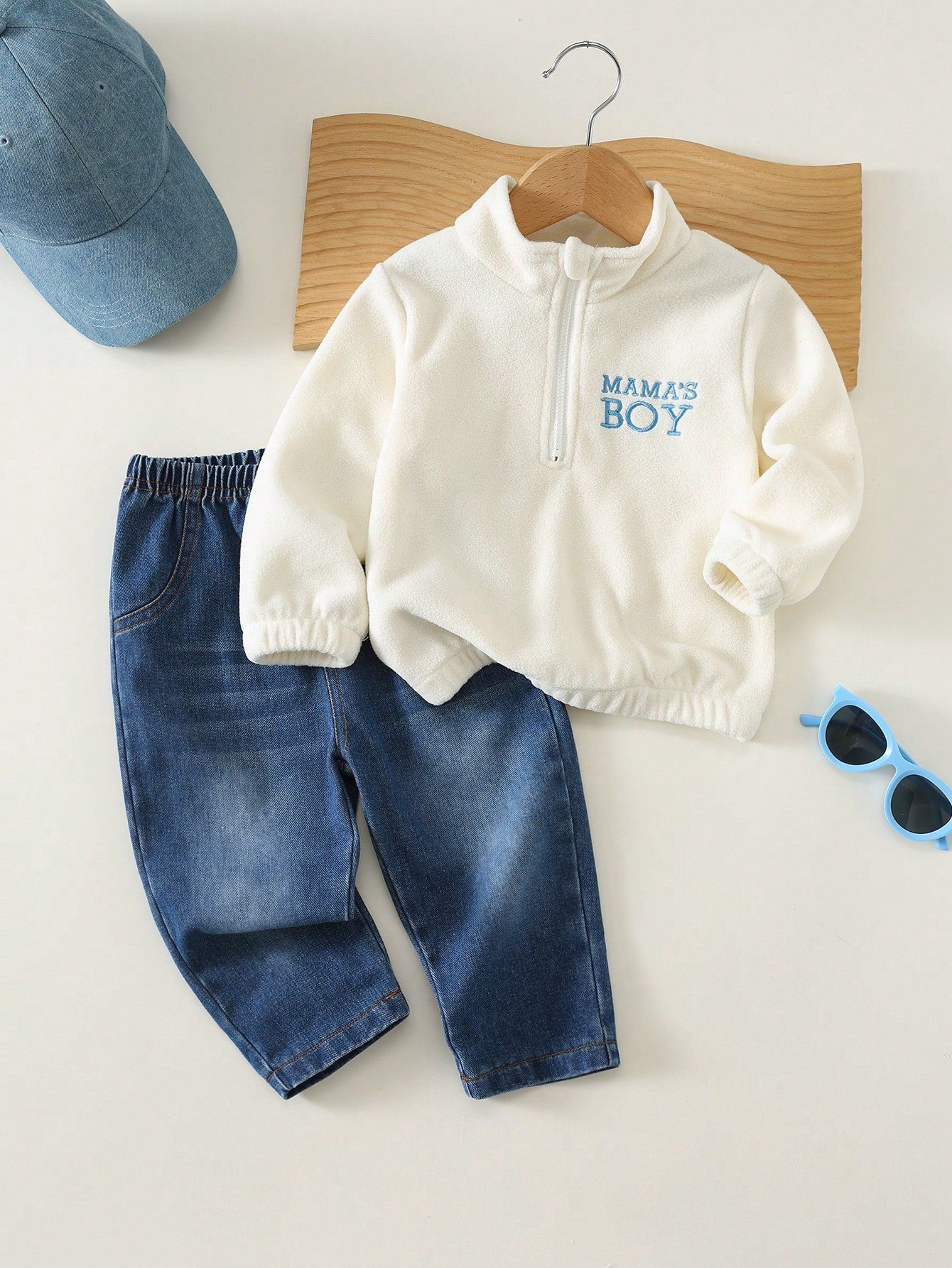 Baby Boy, Toddler Autumn/Winter Thermal Lined Thick Casual Cute Stand Collar Half-Zip Fleece Sweatshirt And Denim Pants Set, Baby Tracksuit, Baby Winter Clothes, Outfit Sets