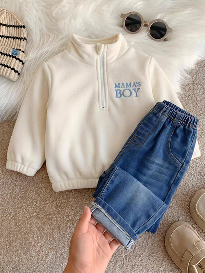 Baby Boy, Toddler Autumn/Winter Thermal Lined Thick Casual Cute Stand Collar Half-Zip Fleece Sweatshirt And Denim Pants Set, Baby Tracksuit, Baby Winter Clothes, Outfit Sets
