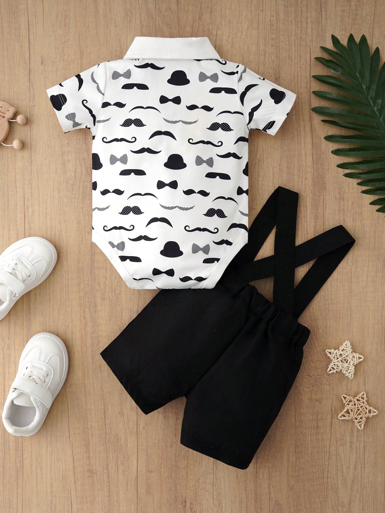 Baby Gentleman Outfit Mustache Print Short Sleeve Shirt With Tie, Formal Suit Set For Infant Boys, Newborn/1st Birthday Gift