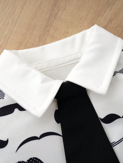 Baby Gentleman Outfit Mustache Print Short Sleeve Shirt With Tie, Formal Suit Set For Infant Boys, Newborn/1st Birthday Gift