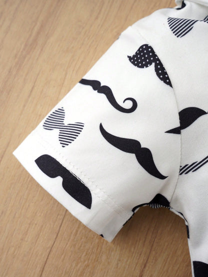 Baby Gentleman Outfit Mustache Print Short Sleeve Shirt With Tie, Formal Suit Set For Infant Boys, Newborn/1st Birthday Gift
